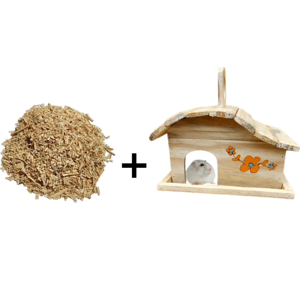 Kit Casinha Feita de Madeira para Hamster + 250 Gramas de Serragem Maravalha – Estimação – Roedor