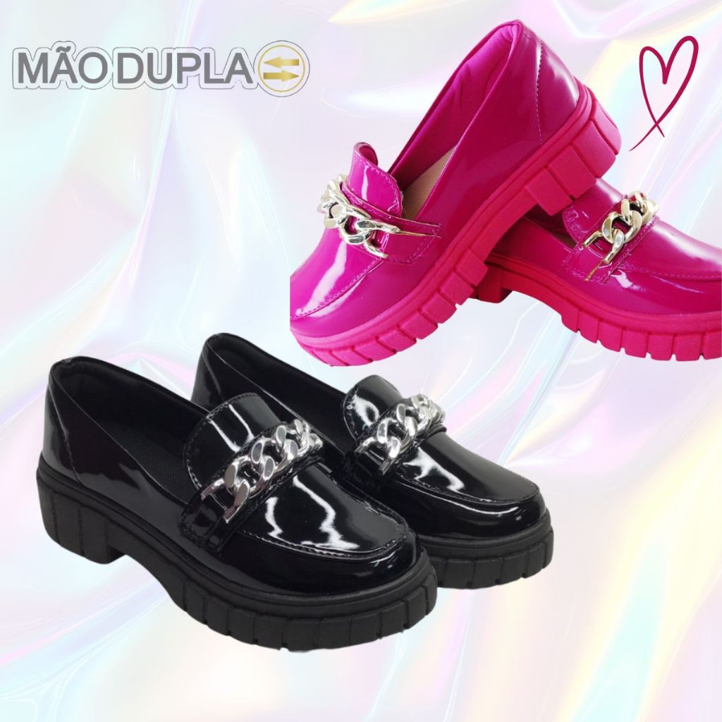 Mocassim Infantil Juvenil Tratorado Verniz Confortável Preto Pink Menina Corrente Social Saltinho