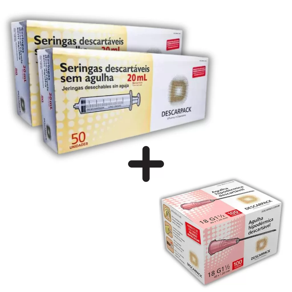 Kit 100 Seringas 20ml Bico LL + 100 Agulhas 40×1,20 Desc