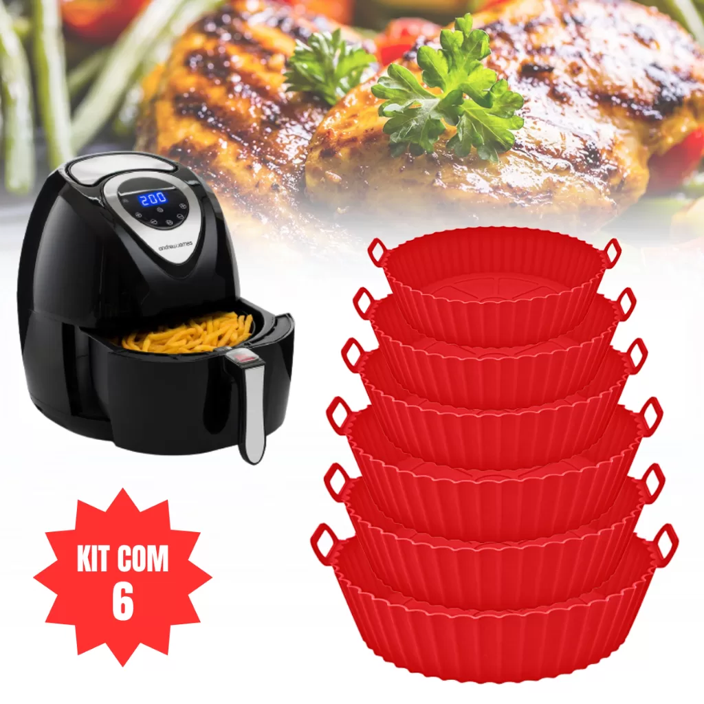 Kit 6 Formas Airfryer Tamanhos Variados Silicone Antiaderente Microondas Lavável com Alça