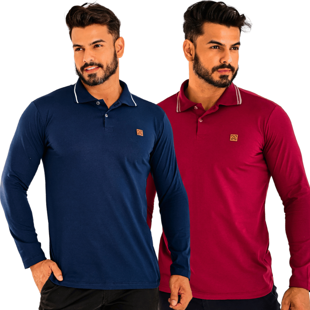 Kit 2 Camisetas Masculina Manga Longa Com Gola Top Malha 100% Algodão Tamanho Plus Size Tipo Polo