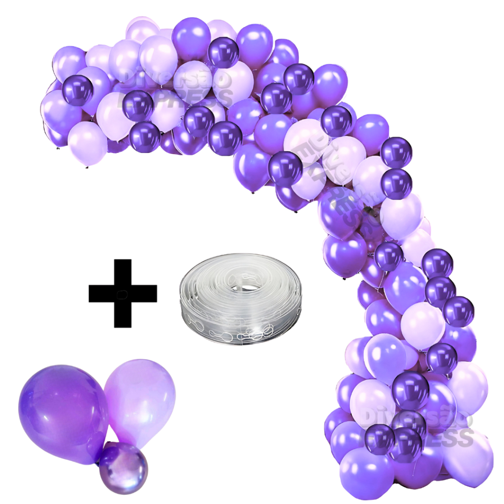 Kit Festa Decoração 125 Balões Bexigas Roxo Lilás Liso e Metalizado + Fita para Arco Desconstruído