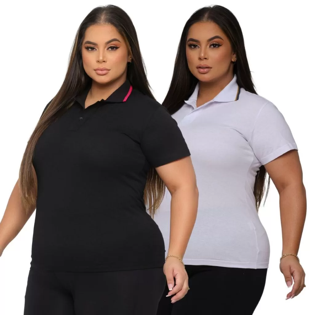 Kit 2 Camisa Gola Polo Plus Size Feminina Algodão Verão Confortável Basica Lisa