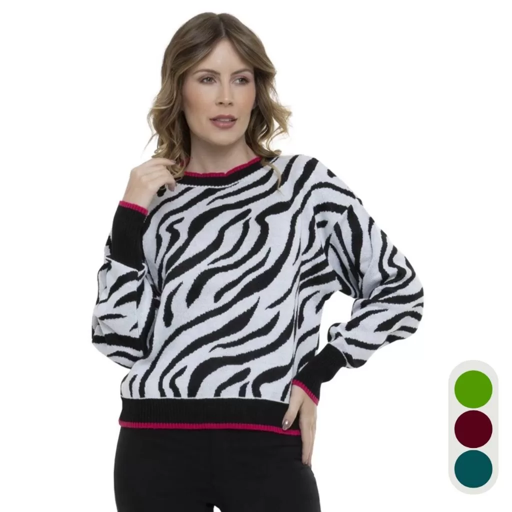 Blusa Tricô Feminina Zebra Manga Longa Estilo Moderno Casual Básica