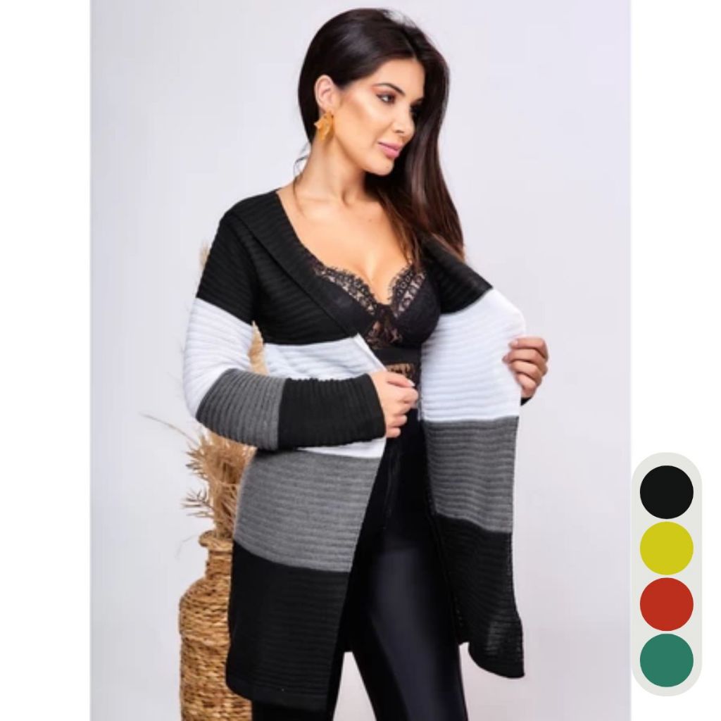 Cardigan Feminino de Tricot Listrado Tricolor Casaco Leve Estiloso e Confortável