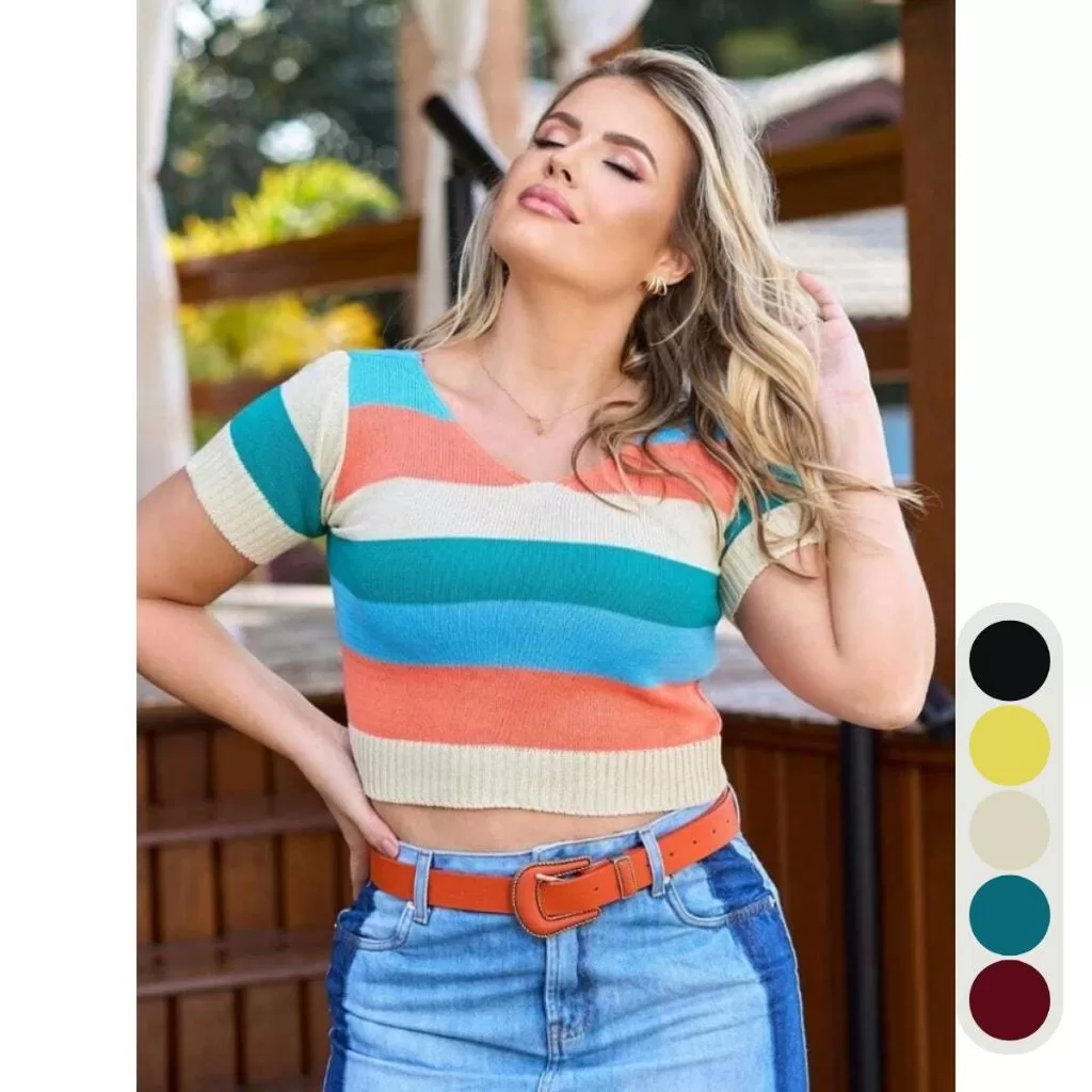 Cropped Tricô Feminino Modal Listras Coloridas Manga Curta Decote V Casual