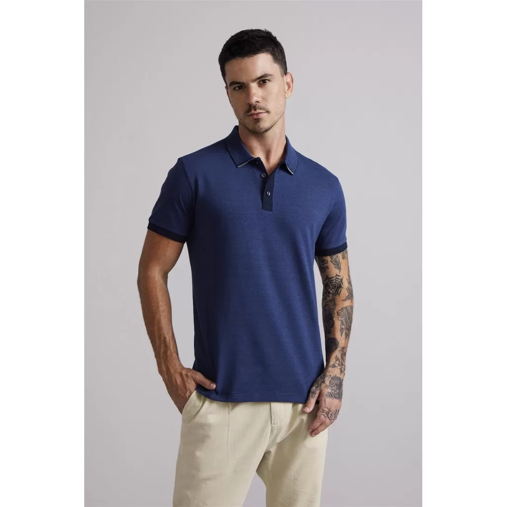 Camisa Polo Malha Slim Fit – Azul Marinho / Azul Noturno