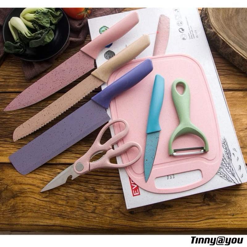 Kit de Conjunto Facas Coloridas Tesoura Descascador Cozinha Gourmet 6 Peças