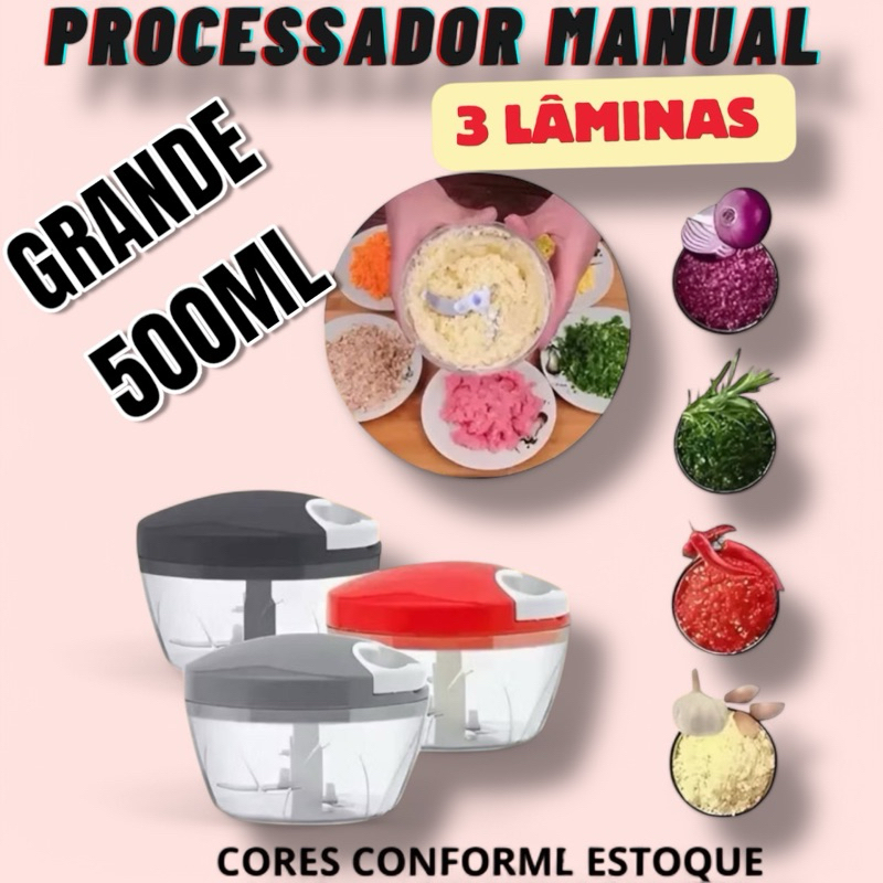 Processador Semi automático de Alimentos Original 500ml – 3 Lâminas Aço Inox, Triturador Multiuso