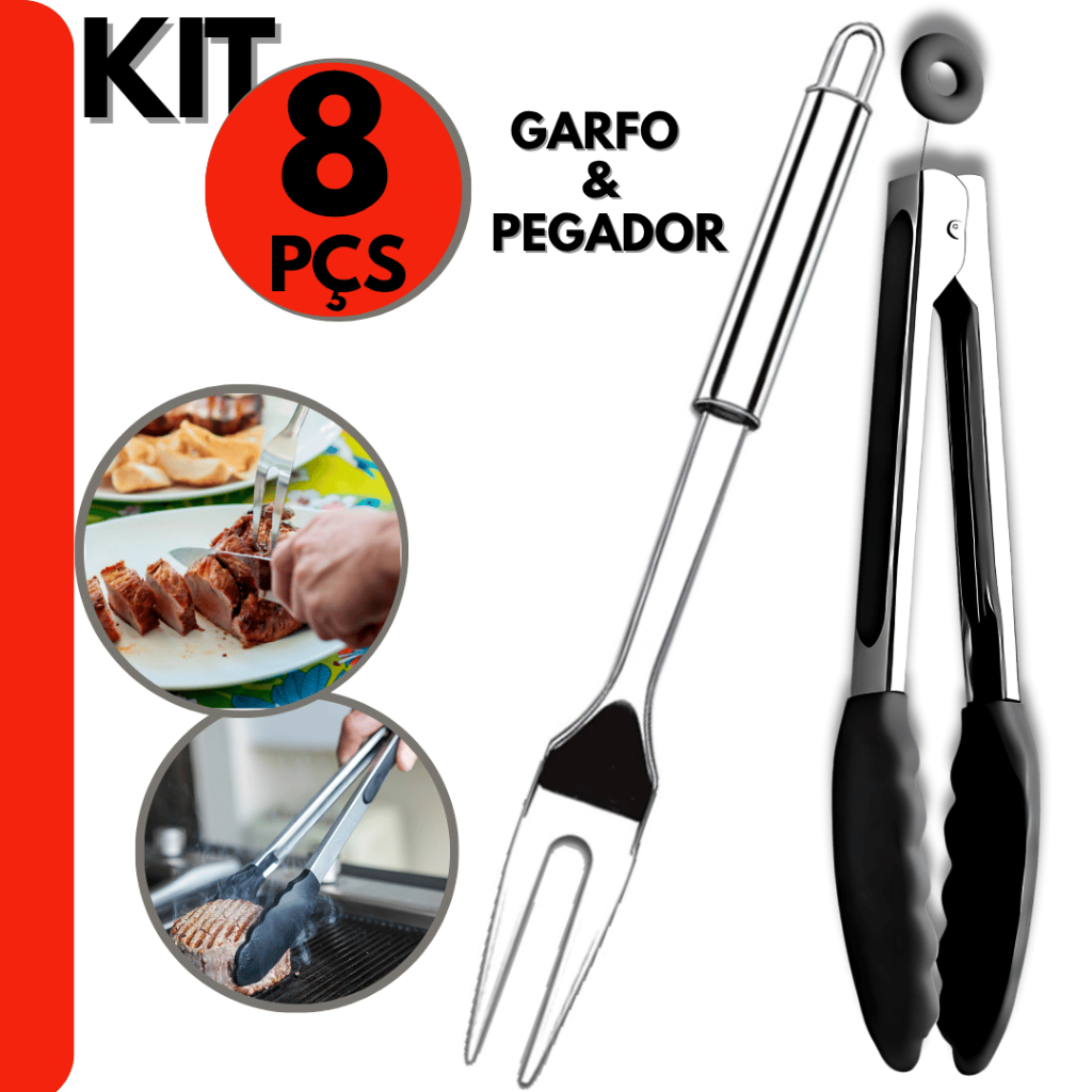 Kit 8 pçs Garfo Trinchante e Pegador de Silicone  Para Churrasco  e Saladas 100% Inox, Açougue, Cozi