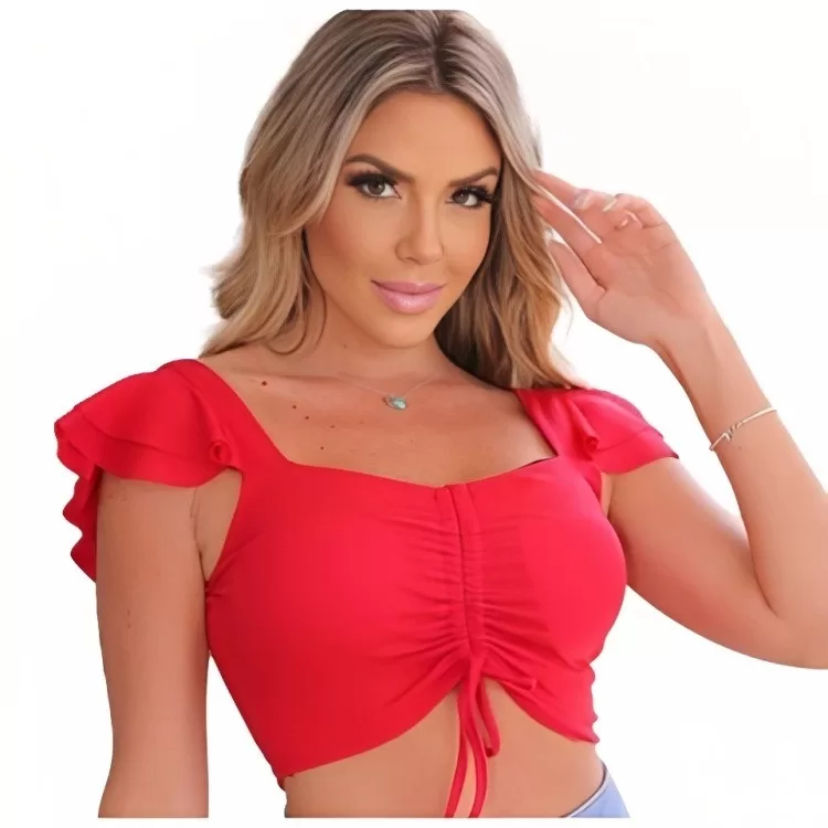 Cropped Manga Curta Com Bojo Amarração Canelado 