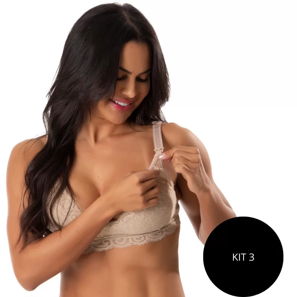 Kit 3 Sutiã Amamentação de Renda Reforçado Sem Bojo Gestante Pós Parto Soutien Sem Aro Maternidade