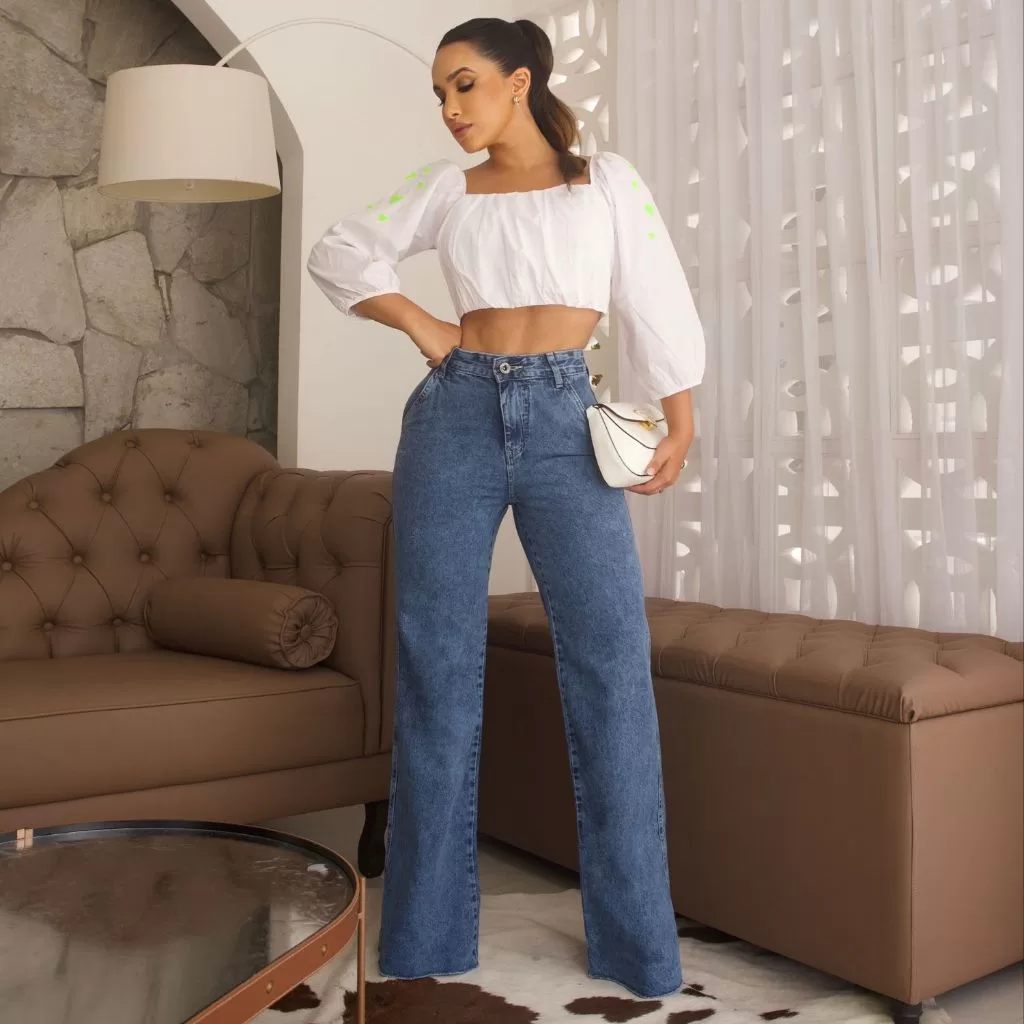 Calça Jeans Premium Feminina Wide Leg Pantalona Marmorizada Cintura Alta Bolso Faca Sem Elastano Lyc