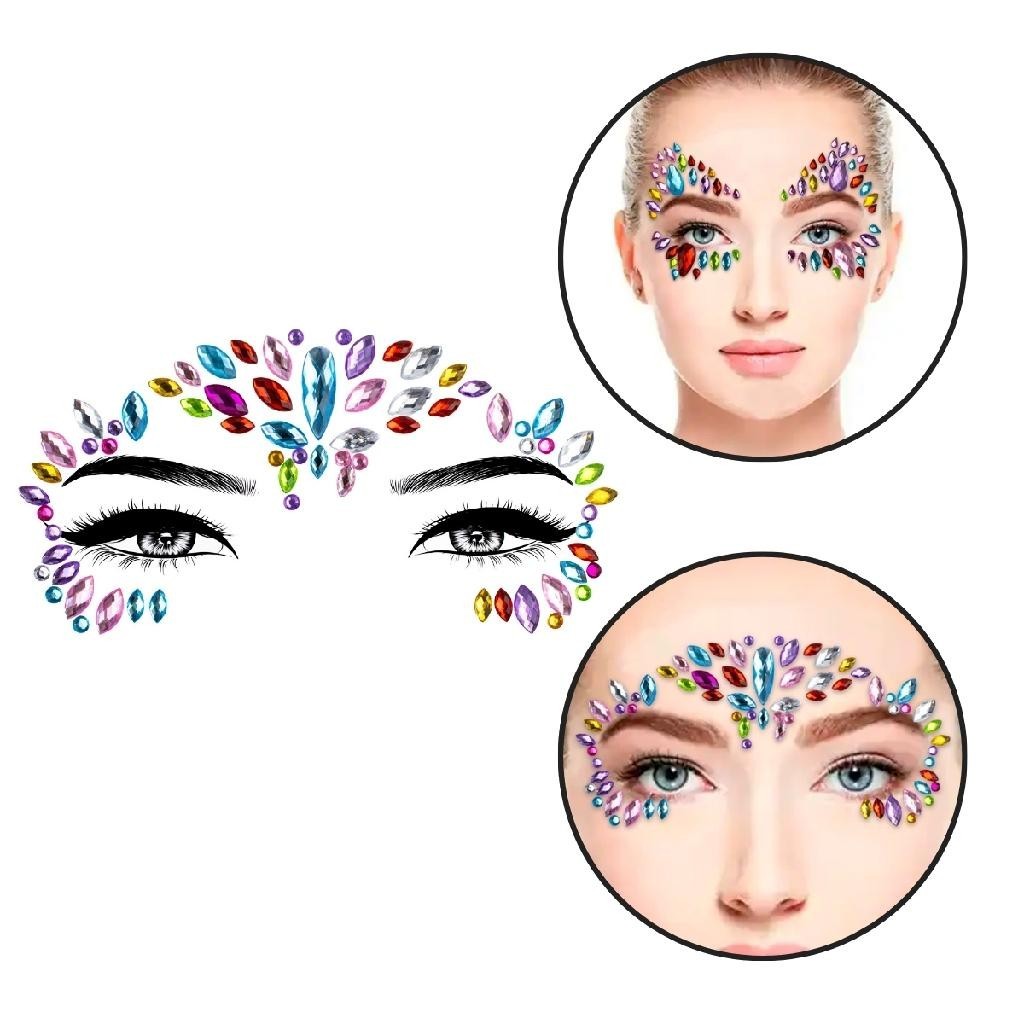 Kit 3 Adesivos Faciais Multicolor Strass Pedraria Carnaval Fantasia Pedras Coloridas Joias Adesivas