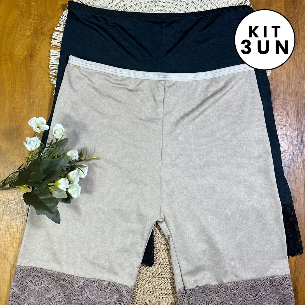 Kit 3 Shorts Bermudas Anágua Lisa Com Renda Segunda Pele Feminina Adulto