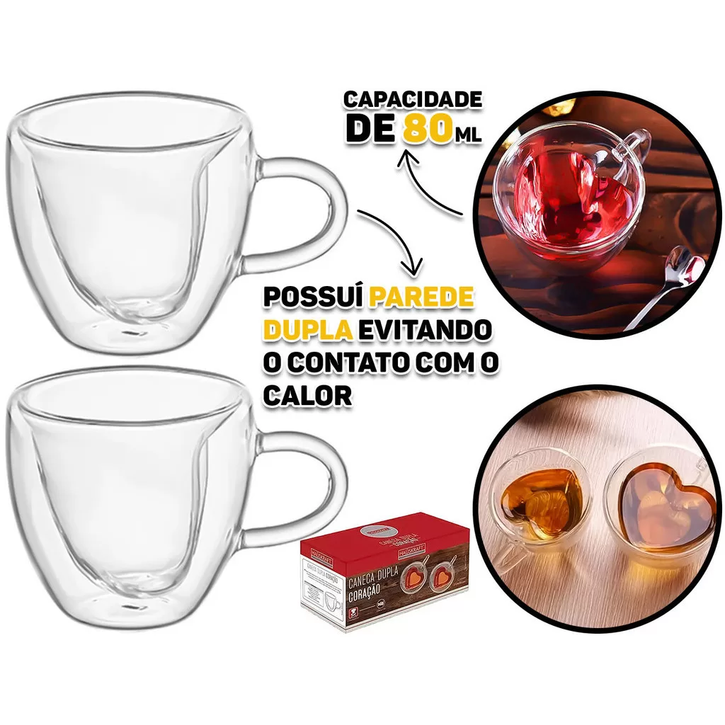Jogo Kit Com 2 Xícara 80ml Coração Parede Dupla Caneca De Vidro Borossilicato Café Chá Cappuccino