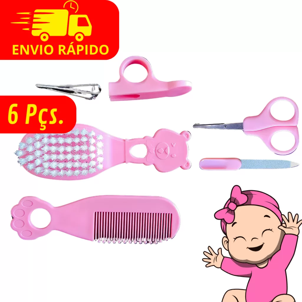 Jogo 6 Peças de Higiene Infantil Para Bebês e Crianças Com Tesoura Lixa Trim e Escova de Cabelo
