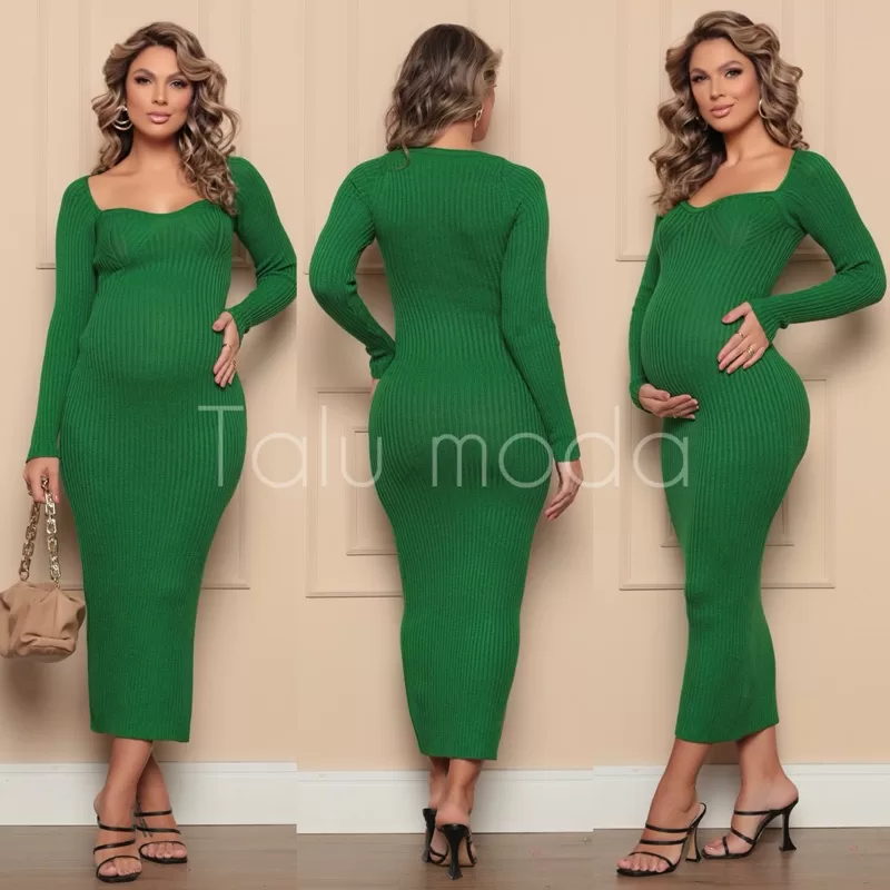 Vestido Tricot Gestante Até 8 Meses Decote Coração Manga Longa E Mídi Tricot 253
