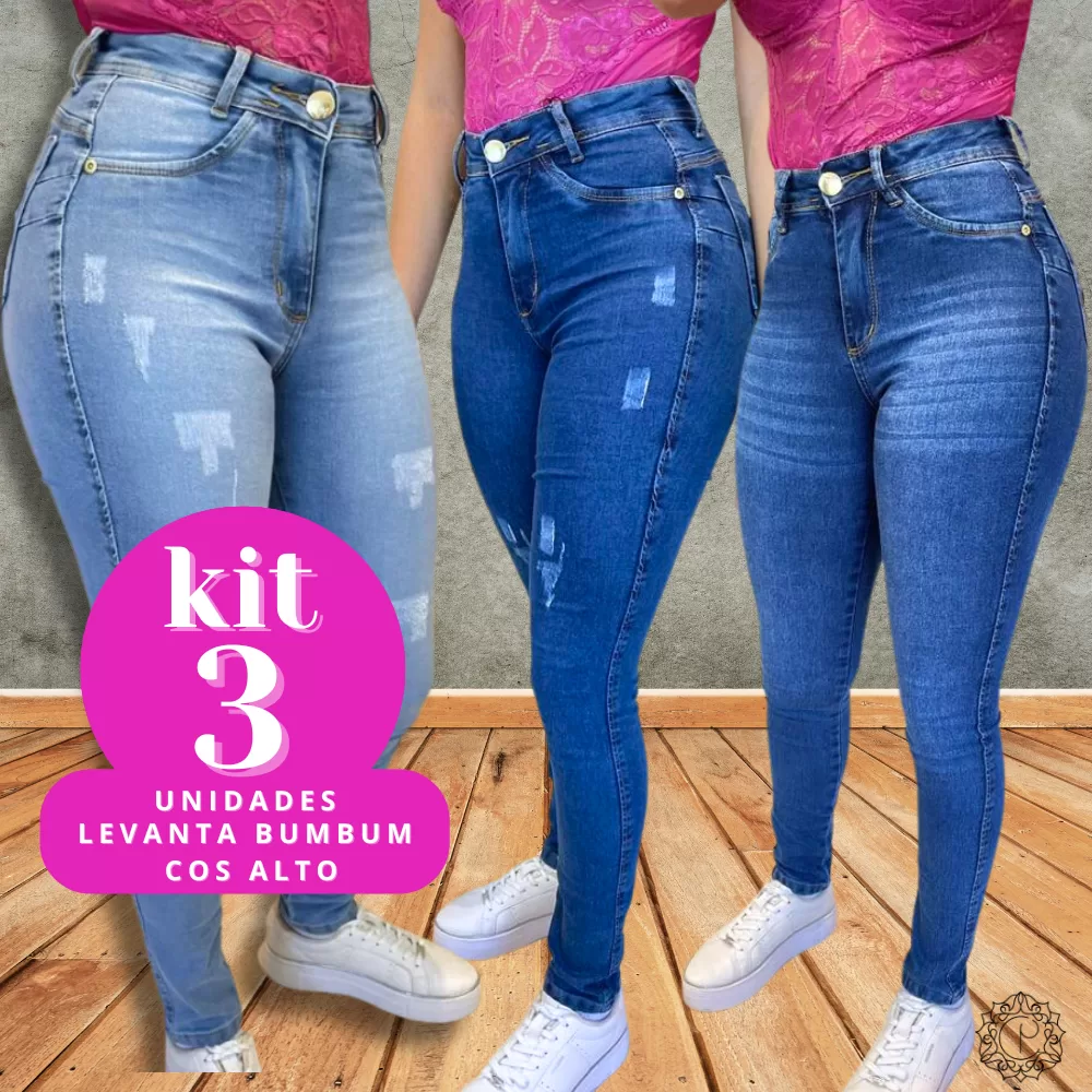 Kit 3 Calças Jeans Feminina Skinny Puido,Clara Bigode Elastano Cintura Alta Efeito Levanta Bumbum