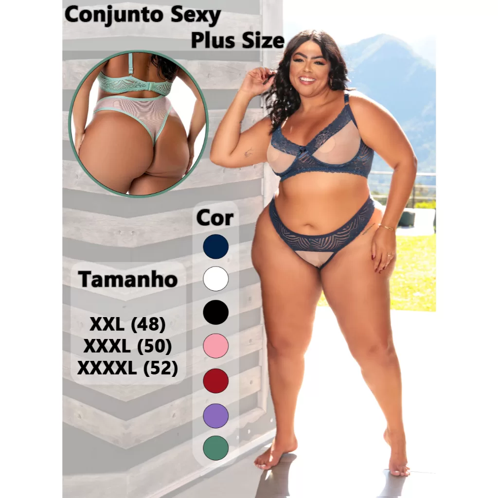Conjunto Sexy Plus Size Sem Bojo Renda e Tule – Transparente com Aro