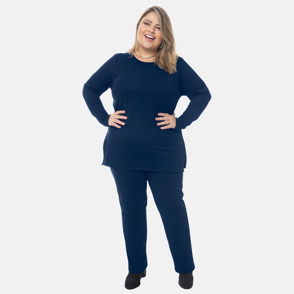 Conjunto Canelado Calça e Blusa de Manga Longa Casual Elegante 1208-1210