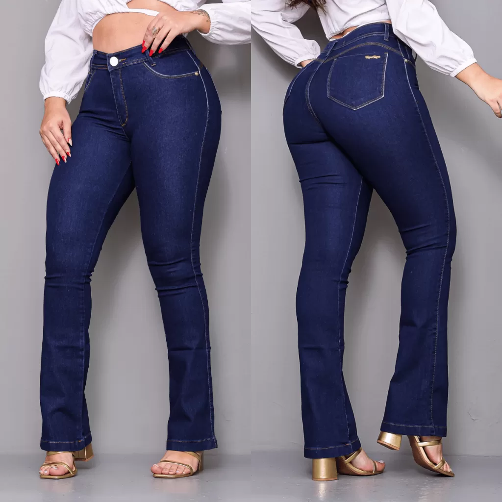 Calça Jeans Feminina Flare Cintura Alta Levanta Bumbum com Elastano Boca Larga Modeladora
