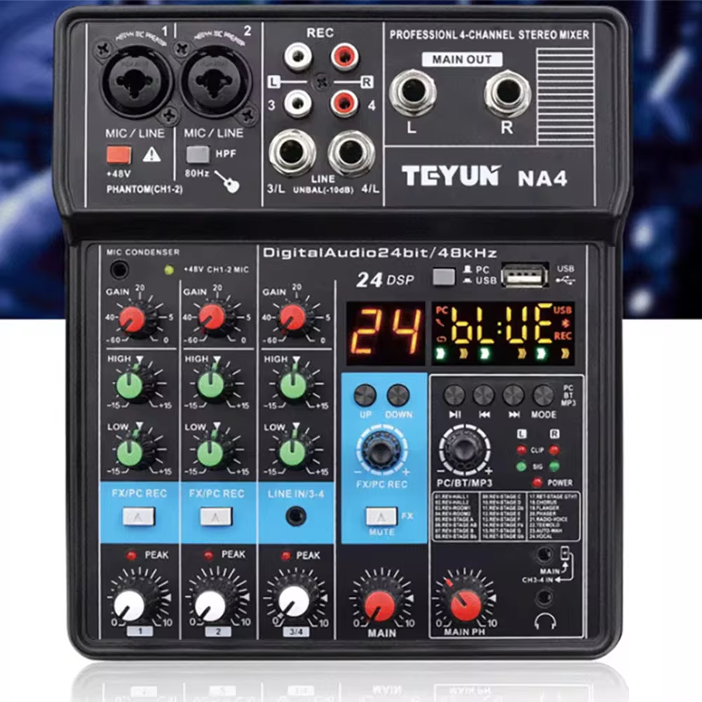 TEYUN-4-Channel Mini Mixer De Áudio, Profissional Placa De Som, Console De Computador, Entrada USB,