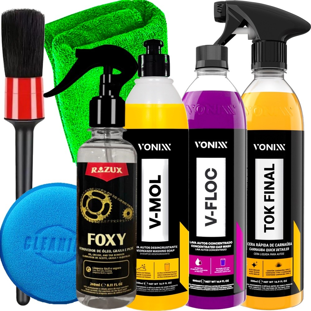 Kit Limpa Motor de Moto Motocicleta e Lavagem Foxy Razux Shampoo Neutro V-Floc Shampoo Limpeza Pesad