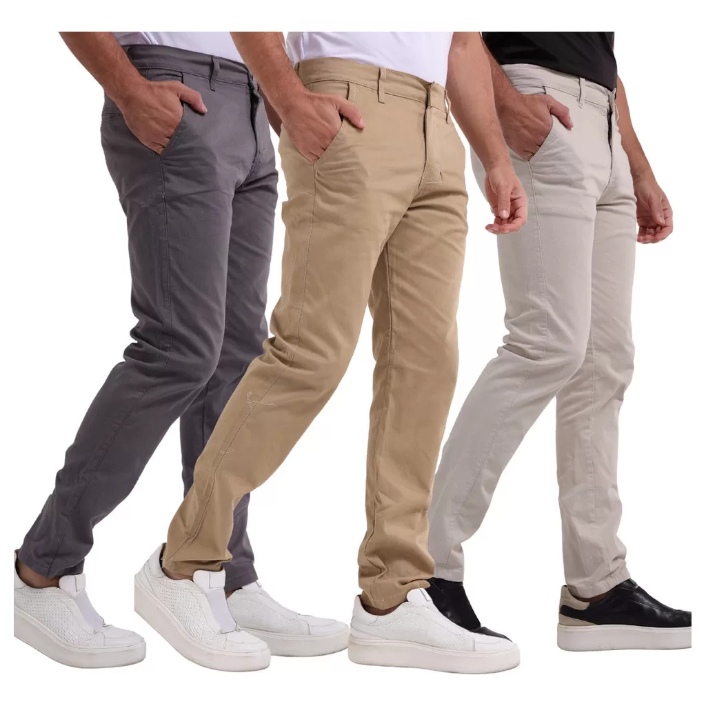 Kit 3 Calças De Sarja Slim Alfaiataria Social Premium Social Slim Com Bolso Faca Com Elastano