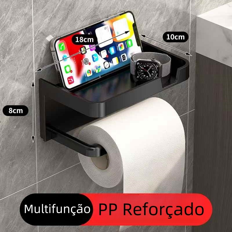 Suporte Porta Papel Higienico Preto ABS para Celular Com Adesivo Acessórios Lavabo Banheiro