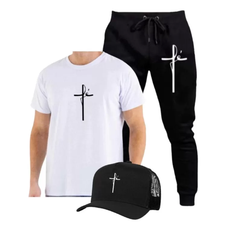 Kit Calça Moletom e Camiseta Algodão Boné Fé R