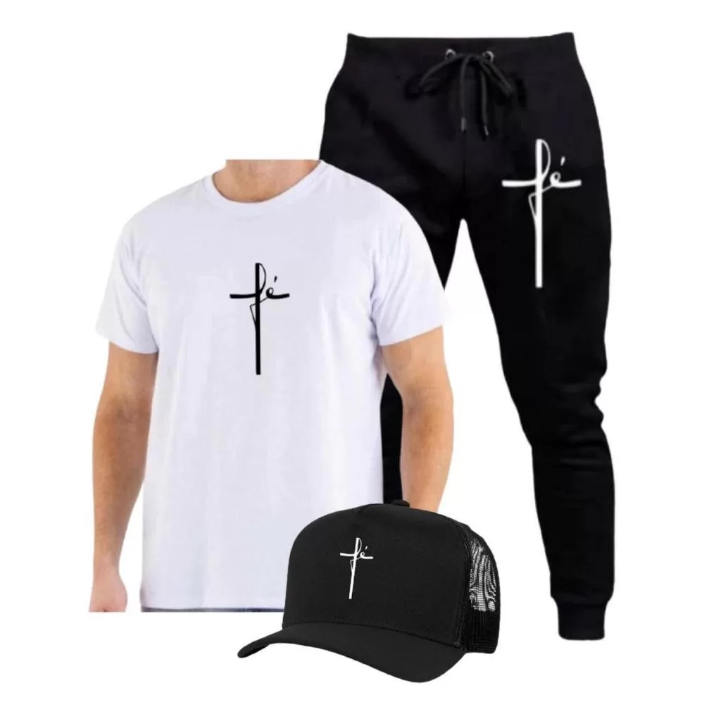 Kit Calça Moletom e Camiseta Algodão Boné Fé Religião Conjunto