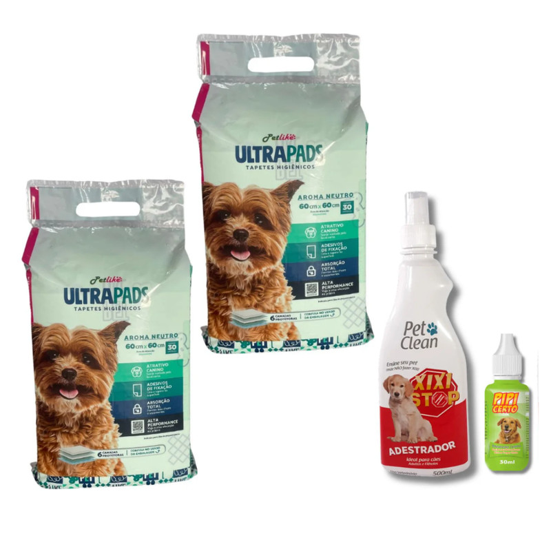 60 Tapetes Hig Ultrapads + Kit Adestrador Sanitário Pet Clean