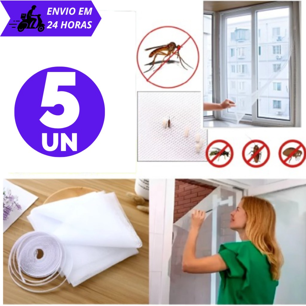Conjunto Com 5 Telas Mosquiteiro Anti-inseto Mosquito Pernilongo Janela Com Velcro Incluso