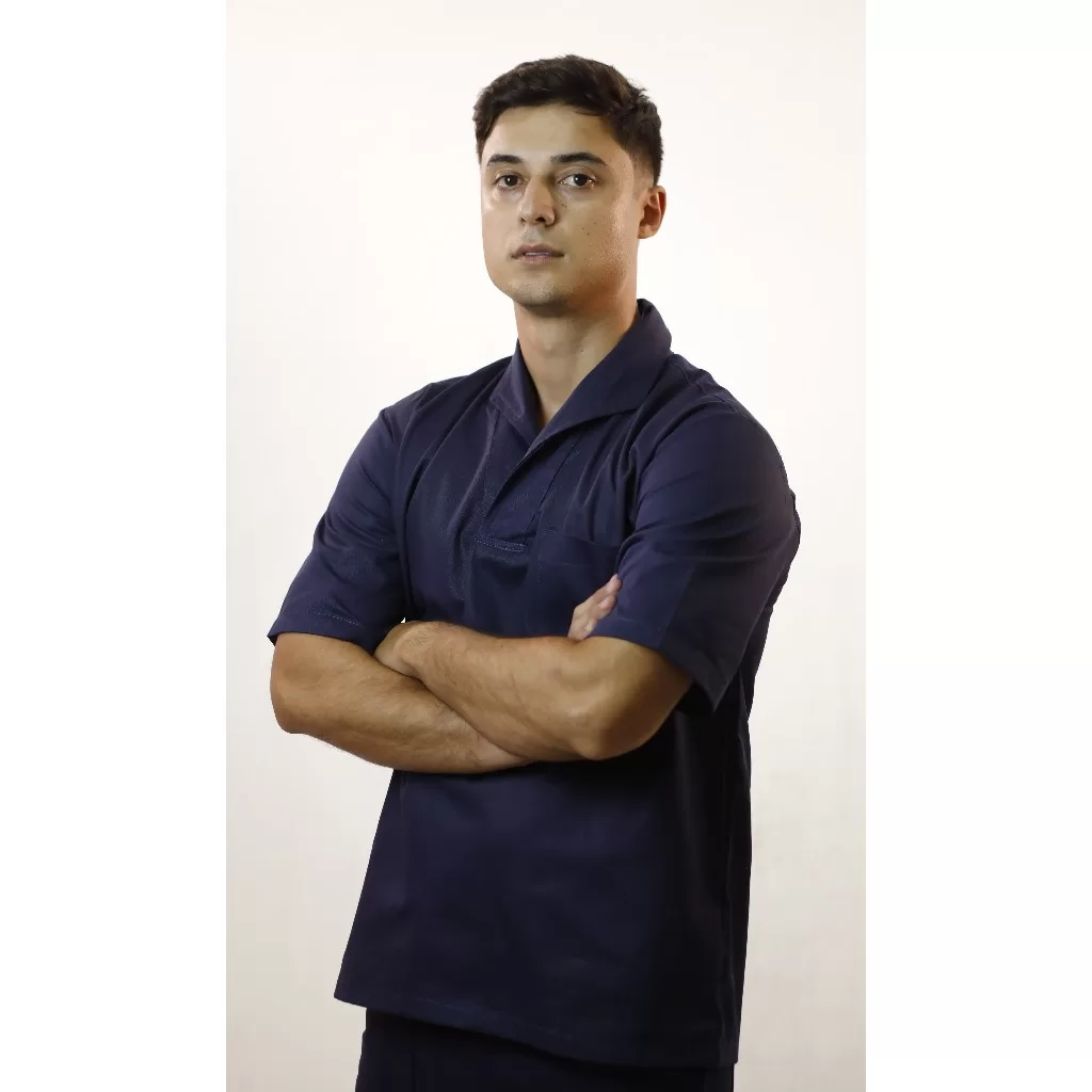 Kit Uniforme Profissional Conjunto Camisa + Calça Brim Operacional Empresa Cinza e Azul Mecânico