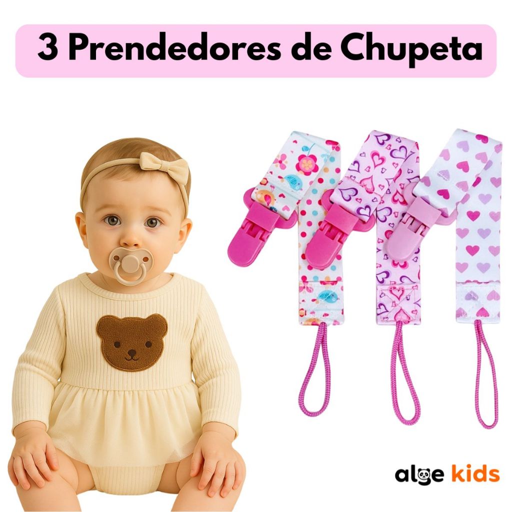 Kit 3 Prendedores de Chupeta para Menina  Estampas Divertidas, Delicadas, Seguro e Antialérgico