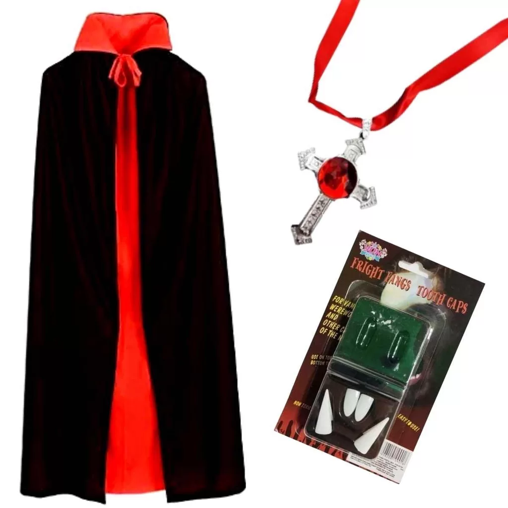 Fantasia Drácula Vampiro Halloween Capa, Dente e Colar Kit