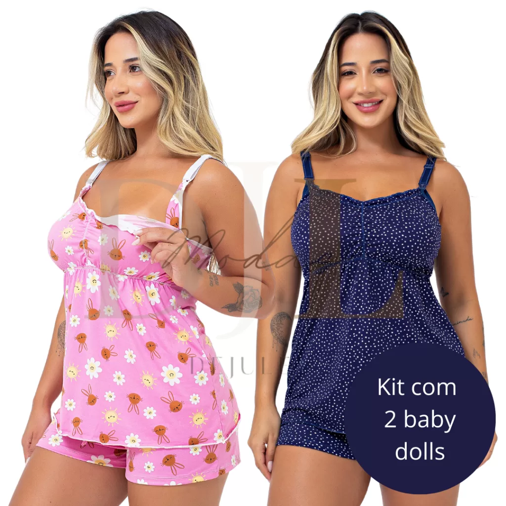 Kit 2 Baby Doll Amamentação Gestante Confortável Click Abertura Seguro