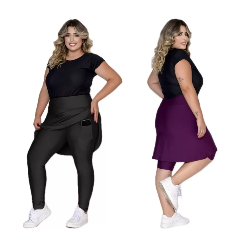Kit Saia Short E Calça Plus Size Moda Fitness Em Suplex