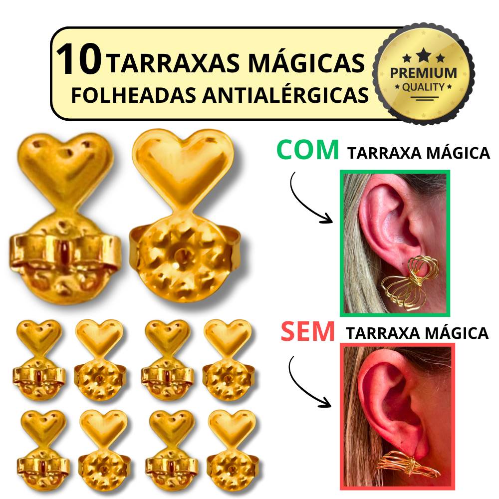 Tarraxa Mágica Kit 10 Peças Ear Cuff Tarracha Folheada a Ouro 18k Levanta Orelha Rasgada Antialérgic