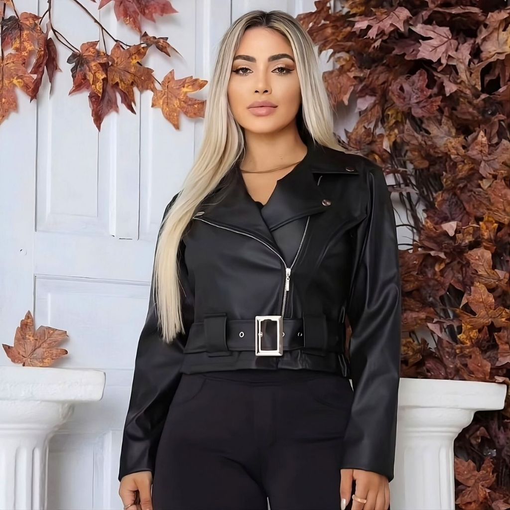 Jaqueta Feminina de Couro Sintético Com Cinto Fivela
