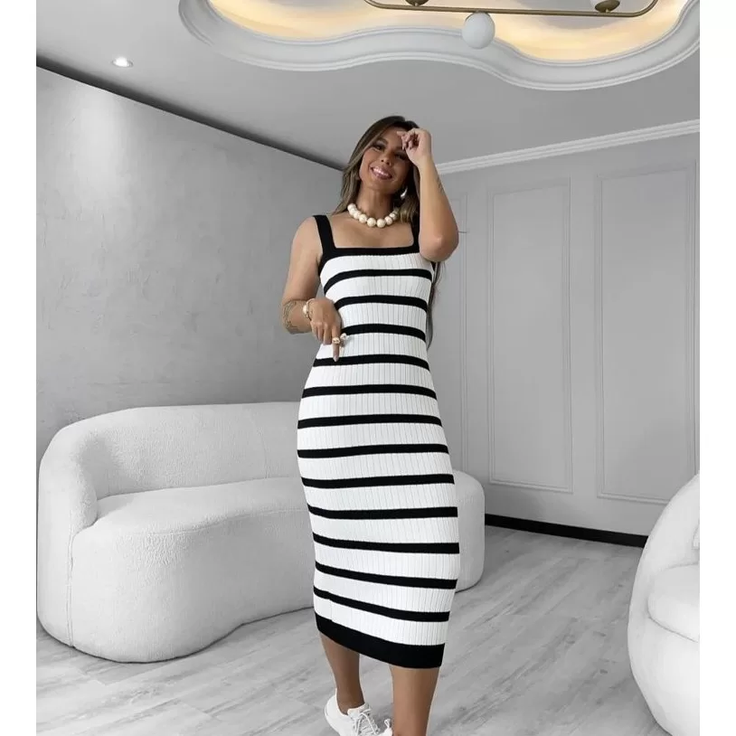 vestido alcinha tricot modal listarda comprida verao