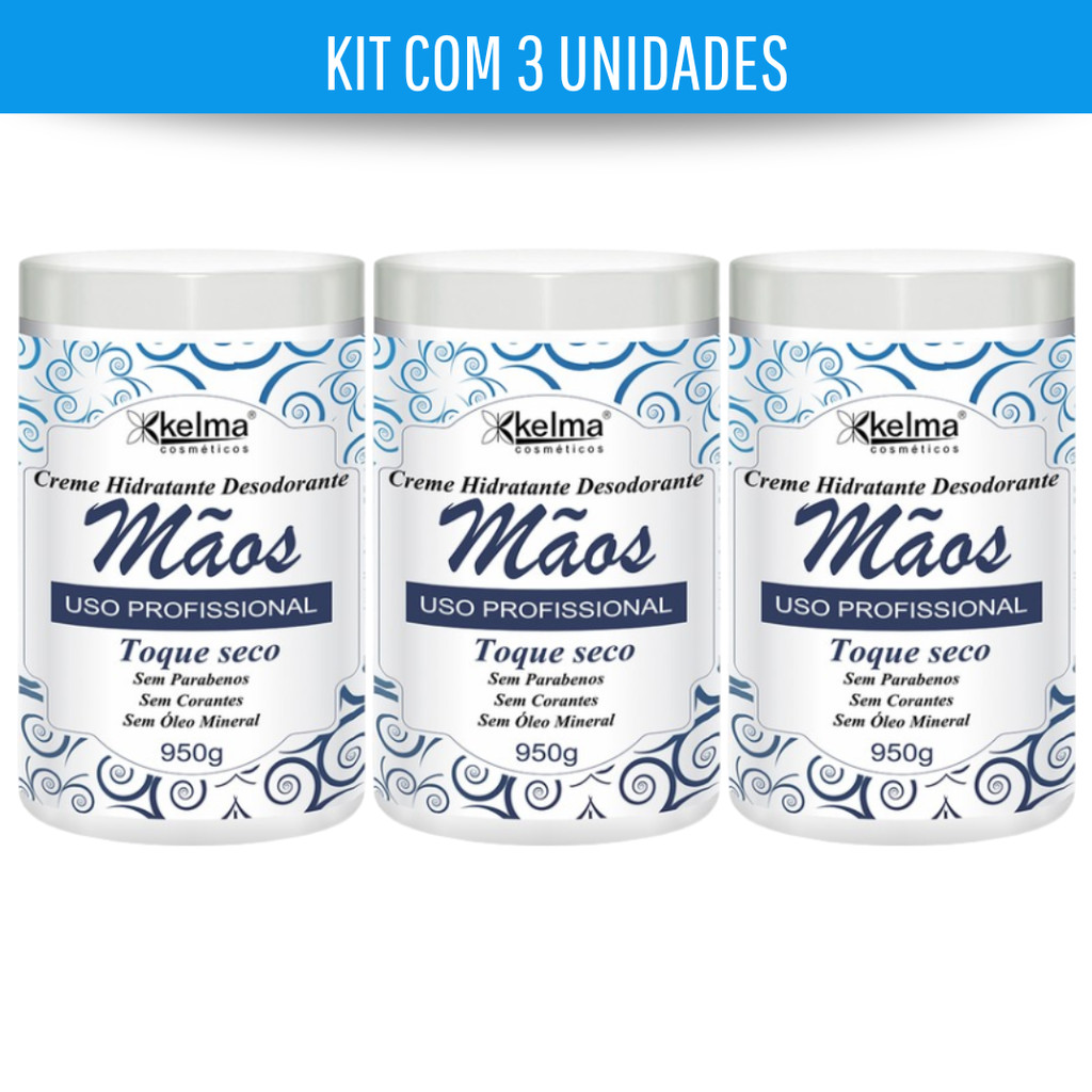 KIT COM 3 KELMA CREME HIDRATANTE DESODORANTE MÃOS 950G