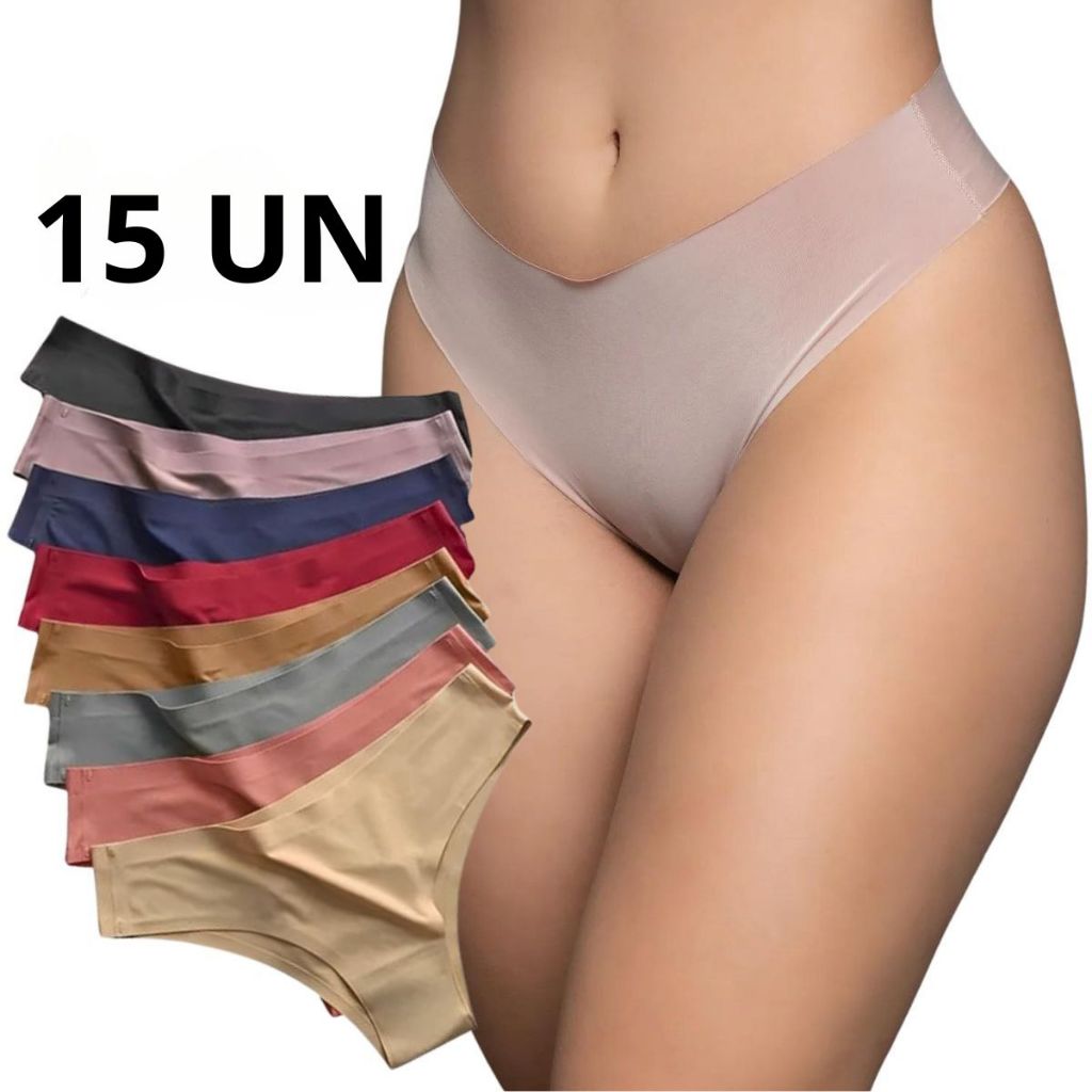 15 Calcinhas Sem Costura Tanga Forro 100% Algodão Calcinha Corte a Laser Não Marca Lisa  Poliamida