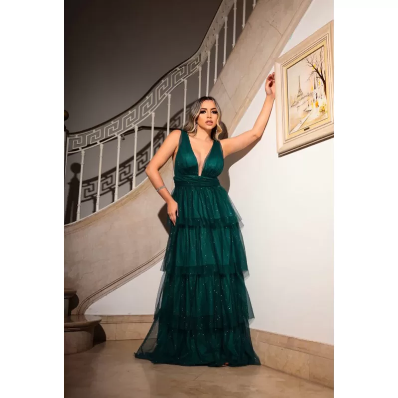 vestido de festa longo madrinha formatura casamento convidada debutante elegante tule verde esmerald