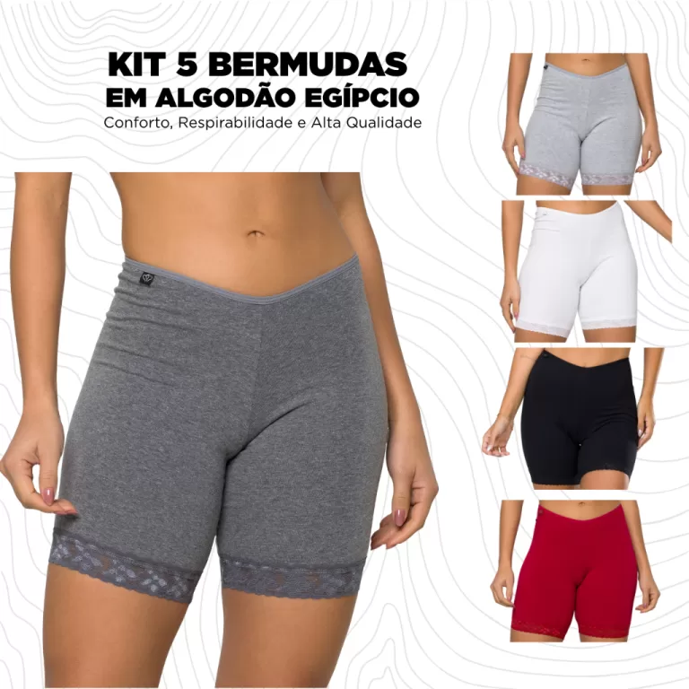 Kit 5 Bermudas Femininas Algodão Egípcio Cores S