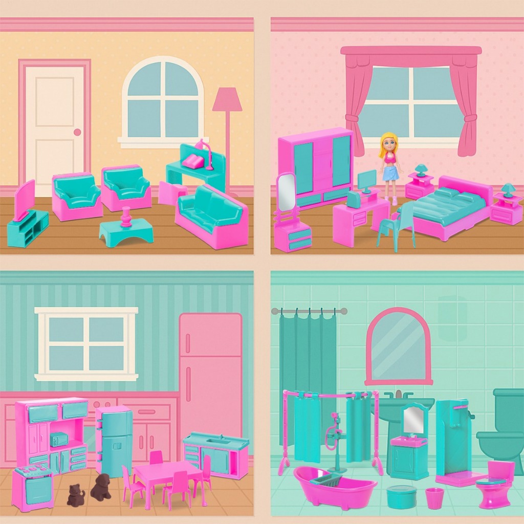 Brinquedo Infantil Menina Kit Casinha Completa Sala, Quarto, Cozinha, Banheiro 1 Boneca + 31 peças