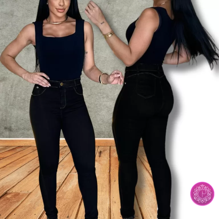 Calça Feminina Skinny Preta com linha ocre  Elast