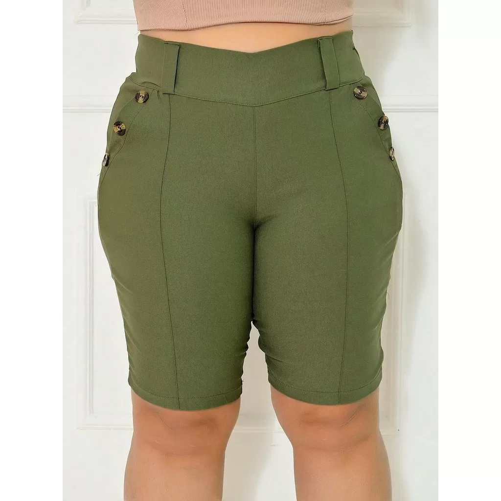 Bermuda Bengaline Feminina Cintura Alta Modeladora  Do 40 ao 52 Botões Laterais Confortável Premium