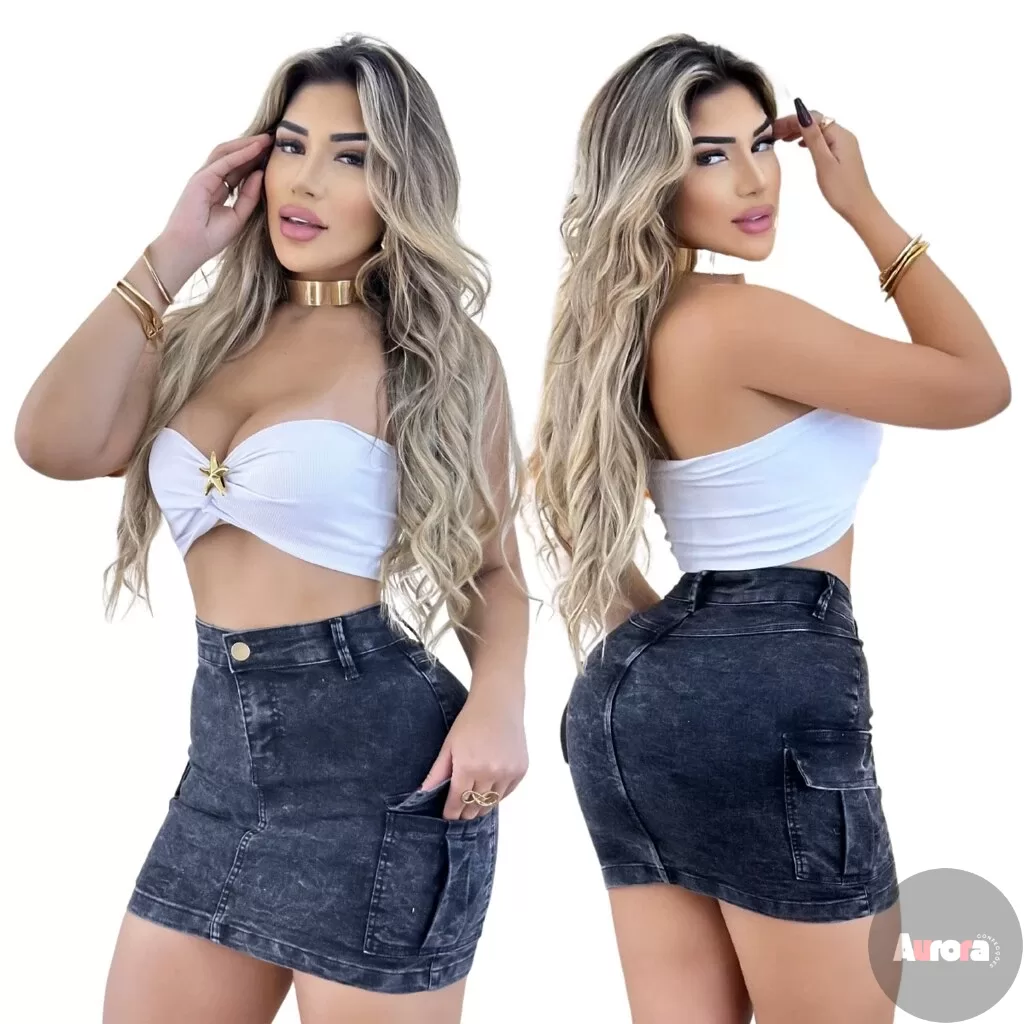 Saia Jeans Feminina Cargo Cintura Alta Marmorizada, Aurora Confecções
